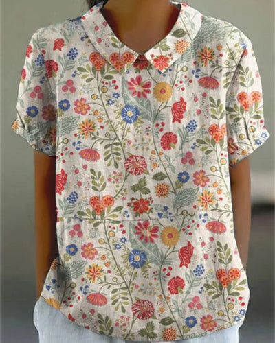 Floryn - Floral Print Cotton Linen Blouse