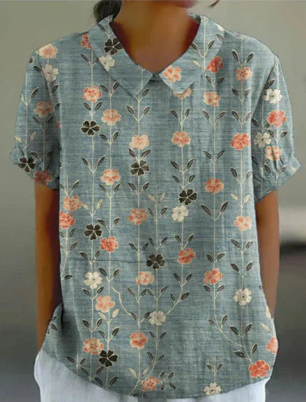 Floryn - Floral Print Cotton Linen Blouse